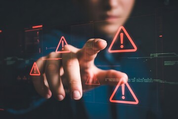 Cybersecurity expert pointing at warning signs on a futuristic digital interface, data breach alert