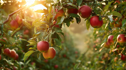 This image shows a lush apple orchard with ripe red apples hanging from the branches. The sunlight filters through the leaves, casting a warm golden glow over the scene. The apples look fresh and read
