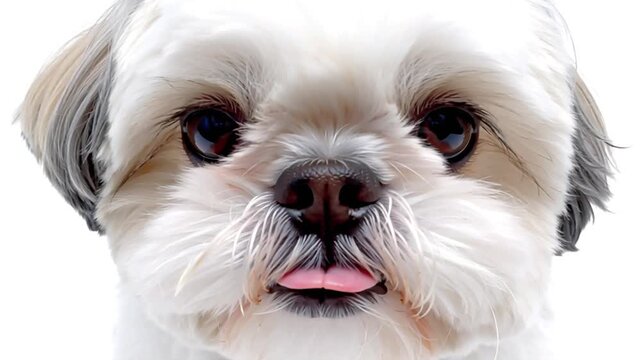 A close up of a shih tzu puppy with its tongue sticking out against white background. Portrait of a cute white dog.