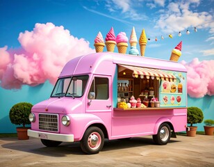 Side photo of a retro-style ice cream truck under studio lights, with pink high-gloss paint on blue background