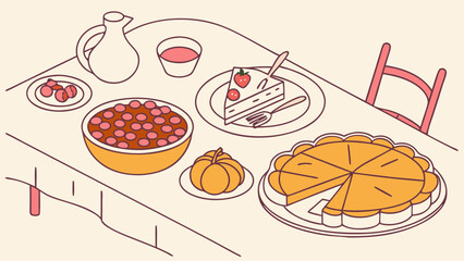 Cozy autumn table setting with pie and cake