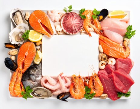 Fresh seafood platter frame with salmon, tuna, shrimp, oysters, mussels and fish arranged on white background with copy space