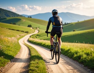 Cyclist with helmet and backpack riding mountain bike on winding dirt path through green rolling hills and scenic countryside landscape