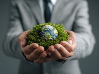 World environment day, Responsibility for a green planet, Sustainable growth, and global conservation.Businessman holding green world, Sustainable development goals and corporate social responsibility