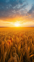 Rice fields at dusk, richly ripened rice ears, before harvest