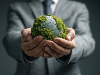 World environment day, Responsibility for a green planet, Sustainable growth, and global conservation.Businessman holding green world, Sustainable development goals and corporate social responsibility