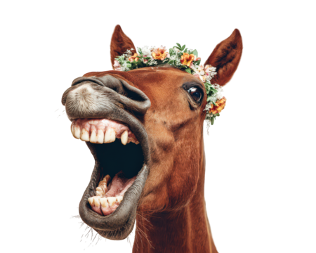 Horse head with buck teeth and flower crown, joyful expression, isolated on transparency background, close up, humorous animal portrait, floral accessory, brown fur