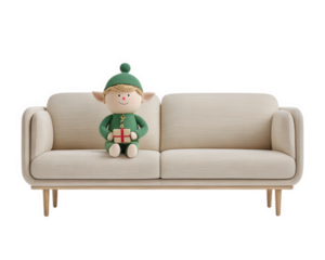 Elf doll green hat sitting on beige sofa holding gift cute holiday decoration cheerful cozy living room festive playful whimsical