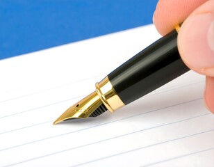 Hand holding fountain pen over lined paper