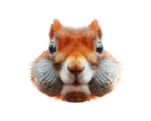 Squirrel head with large acorn filled cheeks, fluffy fur, and humorous, derpy expression, isolated on transparent background, perfect for playful animal designs