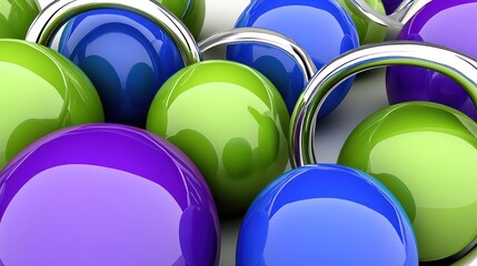 Abstract colorful spheres with chrome rings create a modern and playful 3D background design