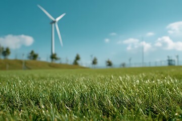 near focus on fresh greenery pasture boasting turbine distant embodying clean energy variant fabrication and emission free atmosphere
