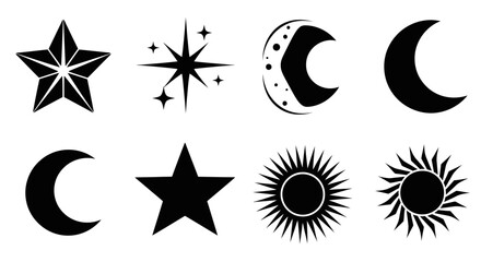 Celestial Icon Set Featuring Stars, Crescent Moons, and Suns for Astrological Designs and Mystical-Themed Graphics, Perfect for Branding, Invitations, and Decorative Elements