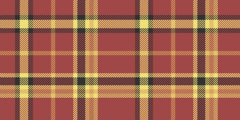 Seamless red, yellow, and black tartan plaid pattern with crisp diagonal stripes. Geometric checkered design for fabric, wallpaper, or digital backgrounds. Vector repeatable textile texture