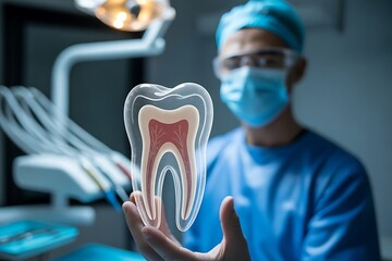Expert dentist showcases detailed tooth anatomy, offering advanced dental care solutions in a modern clinic setting