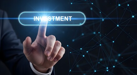 Futuristic digital artwork showing a business hand interacting with a holographic investment button, featuring a bright lens flare and a dark high-tech background with glowing network lines.
