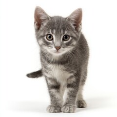 Obraz premium A cute gray kitten looking curiously at the camera. The kitten's markings are distinct, and its eyes sparkle with curiosity.