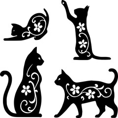 Naklejka premium Black-and-white silhouette set featuring four cats in distinct poses—stretching, standing upright with a raised paw, sitting, and walking. Each silhouette is adorned with intricate floral patterns, bl