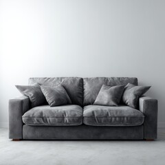 A cozy grey sofa with pillows, against a simple backdrop. The sofa looks comfortable and inviting.
