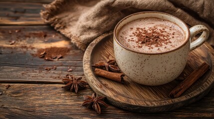 A cup of hot cocoa on a rustic wooden table