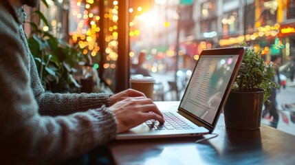 A digital nomad typing on a laptop in a city cafe
