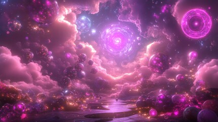 Dreamscape of celestial orbs and cotton candy clouds, a mystical and enchanting scene