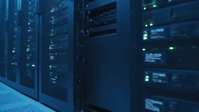 Corridor of a modern data center with rows of server racks, the digital infrastructure for cloud computing and big data.