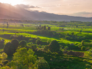 Naklejka premium Wonderful sunrise scenery indonesia nature mountain valley forest with bright sky