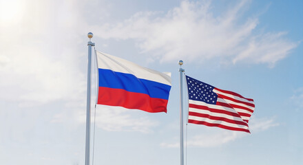 United States and Russia flags fluttering against a clear blue sky