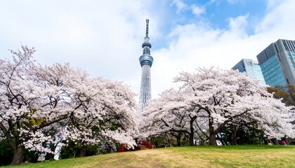 Obraz premium Blossoming cherry trees and modern skyscrapers.