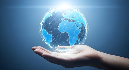 Photorealistic image of a softly lit hand holding a glowing digital globe with translucent blue continents and white network lines, symbolizing global connectivity and modern technology.