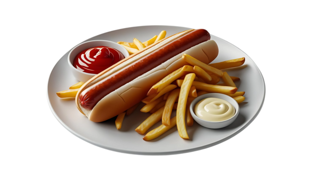 Vector Illustration of a Hot Dog with Fries on a Plate, Transparent Background, No Background, Classic Fast Food Meal