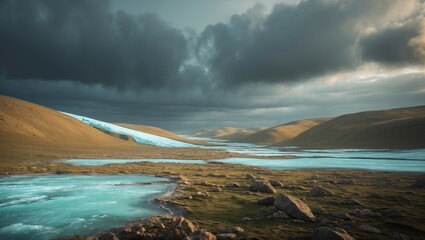Landscape of a river and rolling hills under a cloudy sky with a glacier or ice formation flowing through the terrain