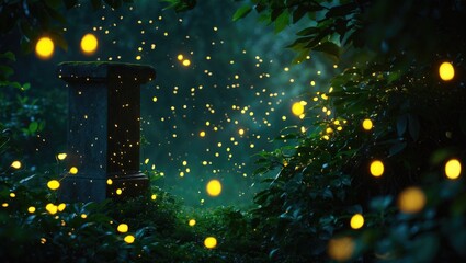 A scene in the forest illuminated by fireflies and glowing lights around a stone pillar, creating a magical and enchanting atmosphere.