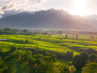 Fototapeta premium Wonderful sunrise scenery indonesia nature mountain valley forest with bright sky
