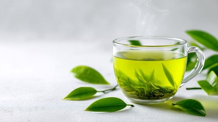 Steaming Green Tea Cup with Leaves, and Drink.