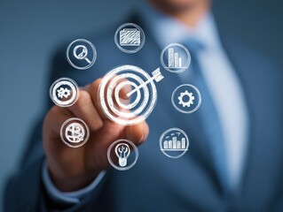 Businessman holding goal icon represent strategic planning, Success. Teamwork, Business strategy, Growth, Marketing focus, Investment planning, Leadership mindset aimed at achieving long-term success.