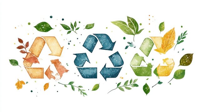 Watercolor recycle symbols with leaves.