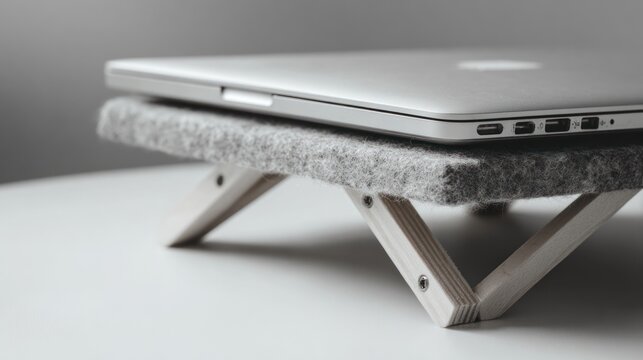 Laptop on a gray felt riser