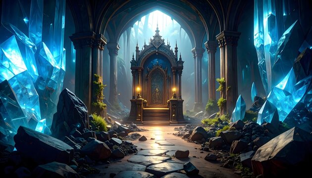 Crystal throne room, cavern lit softly