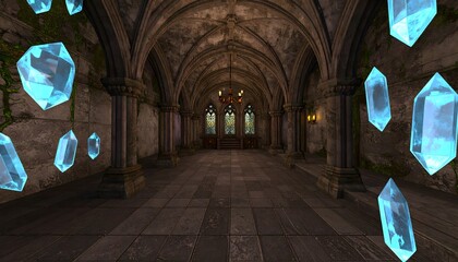 Crystals float in a gothic dungeon hall