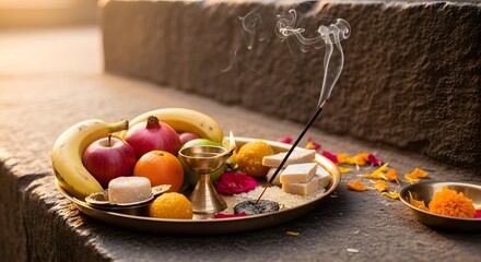 A traditional Hindu puja thali with fresh fruits, sweets, and a burning incense stick on stone steps.