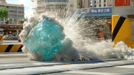 Captivating visual of a shimmering ice cube impact creating dynamic splash effects against an