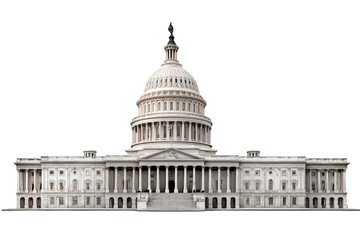 Front view of a large, light-colored government building.  Domed structure,  classic architectural style