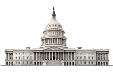 Front view of a large, light-colored government building.  Domed structure,  classic architectural style