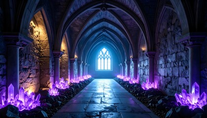 Dark chamber with radiant crystal glow