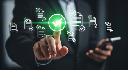 Futuristic Business Technology Scene Showing Hand Interacting with Glowing Green Checkmark and Document Icons