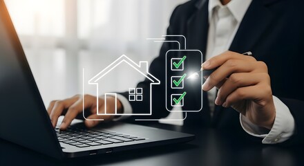 Real Estate Workflow Visualization Featuring Person Interacting with Holographic Property Verification Interface on Laptop