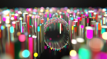 Abstract cityscape with colorful columns and tunnel, creating an immersive experience