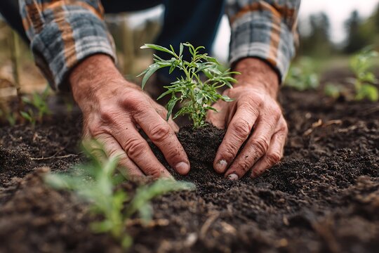 rancher s grips placing young plant amid reviving crop zone intimate view lasting tillage and eco supportive crop notion
